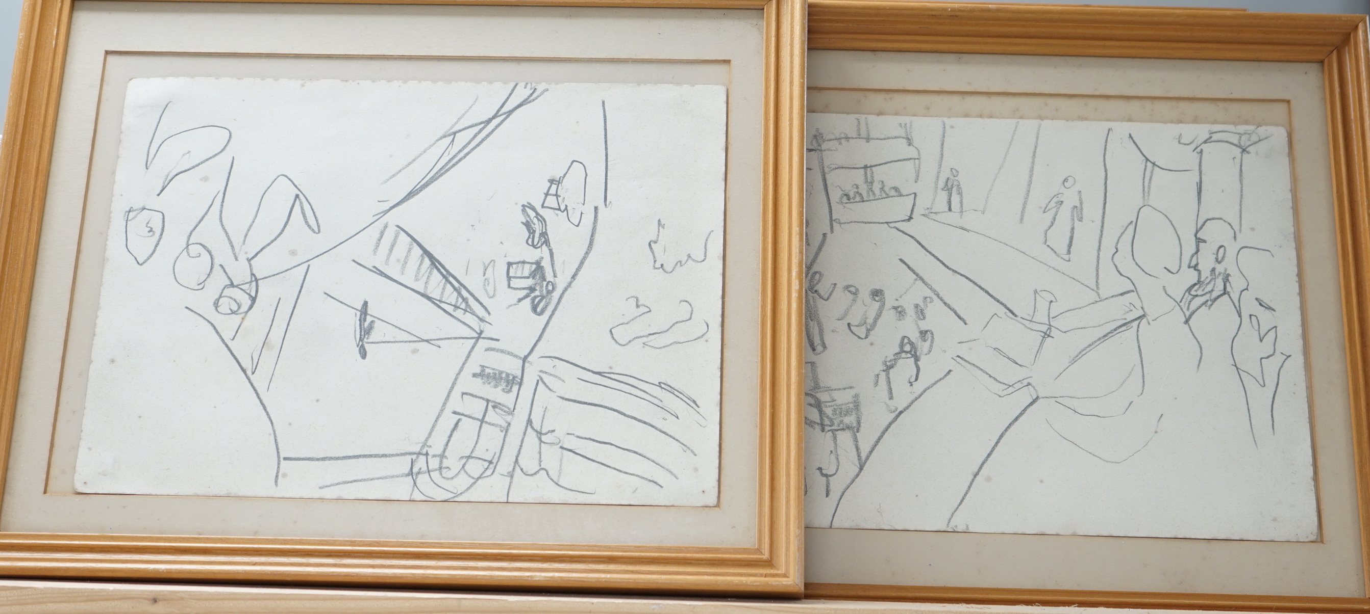Timothy Hyman RA (b.1946), set of four charcoal sketches, Theatre scenes, one with label verso, 21 x 30cm